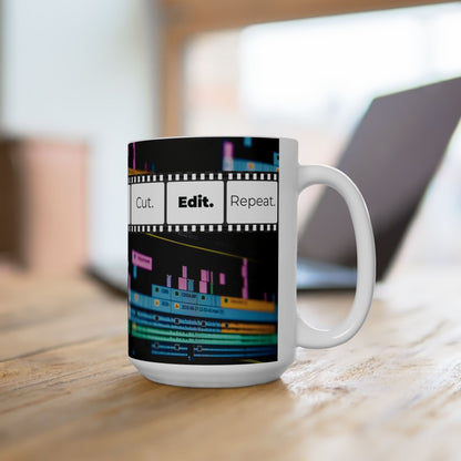 Ceramic Mug for Video Editors (11oz, 15oz) - Cut. Edit. Repeat.