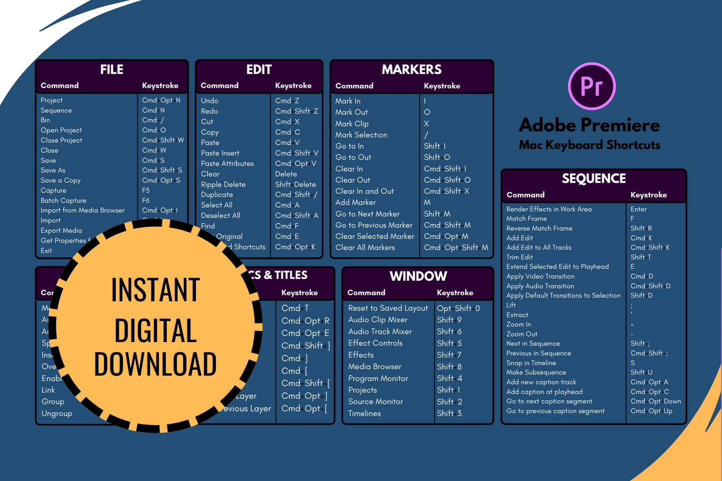 Adobe Premiere Pro Keyboard Shortcuts (Instant Digital Download)