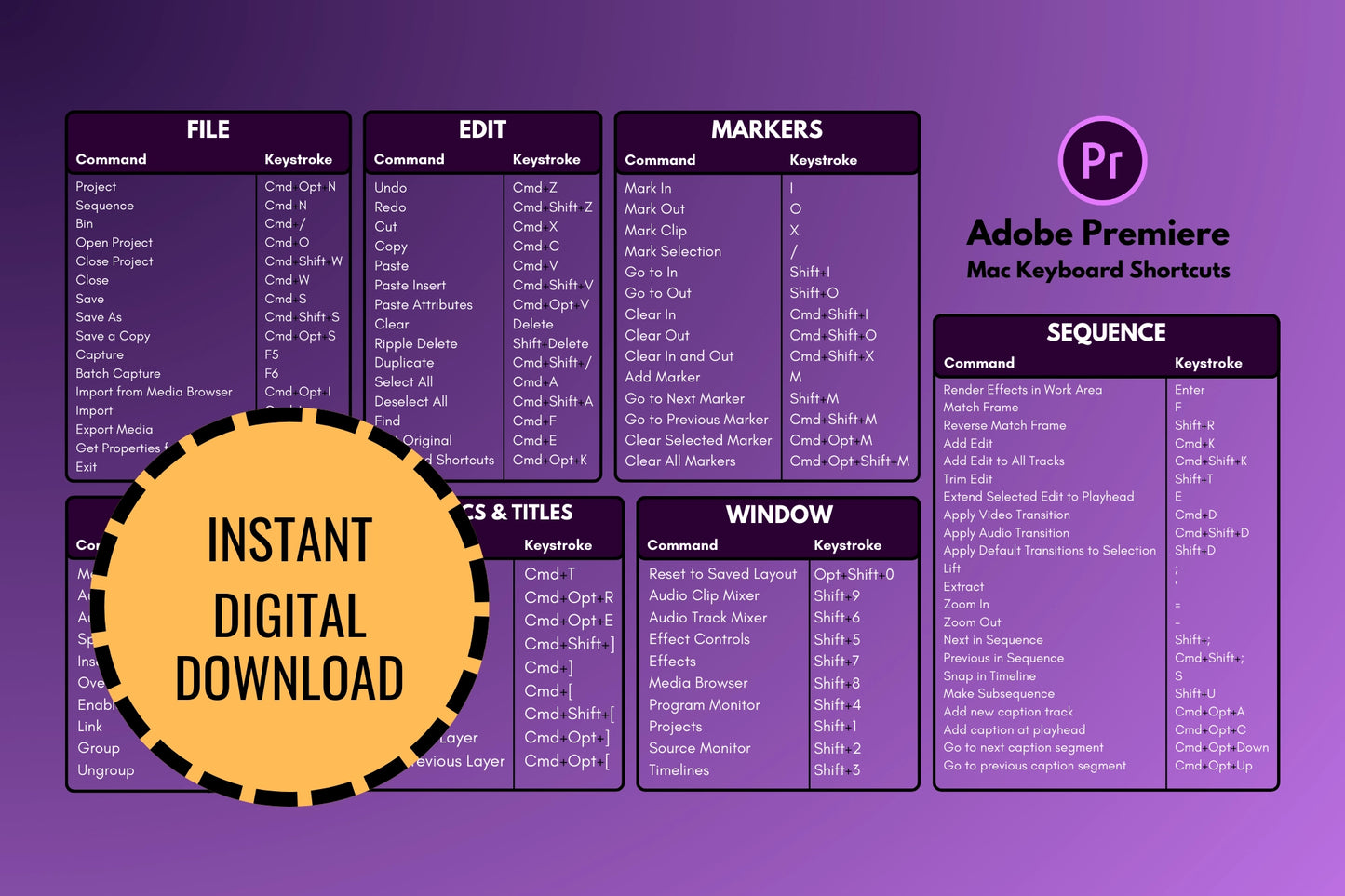 Adobe Premiere Pro Keyboard Shortcuts (Instant Digital Download)