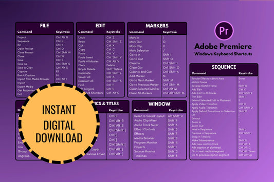 Adobe Premiere Pro Keyboard Shortcuts (Instant Digital Download)